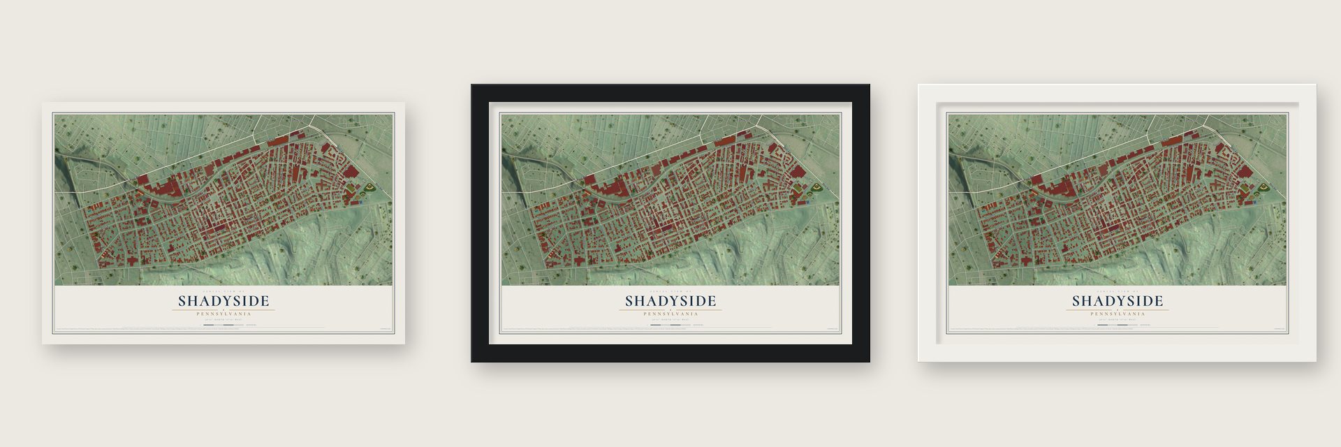 Shadyside, Pennsylvania map unframed, in a black wood frame and in a white wood frame