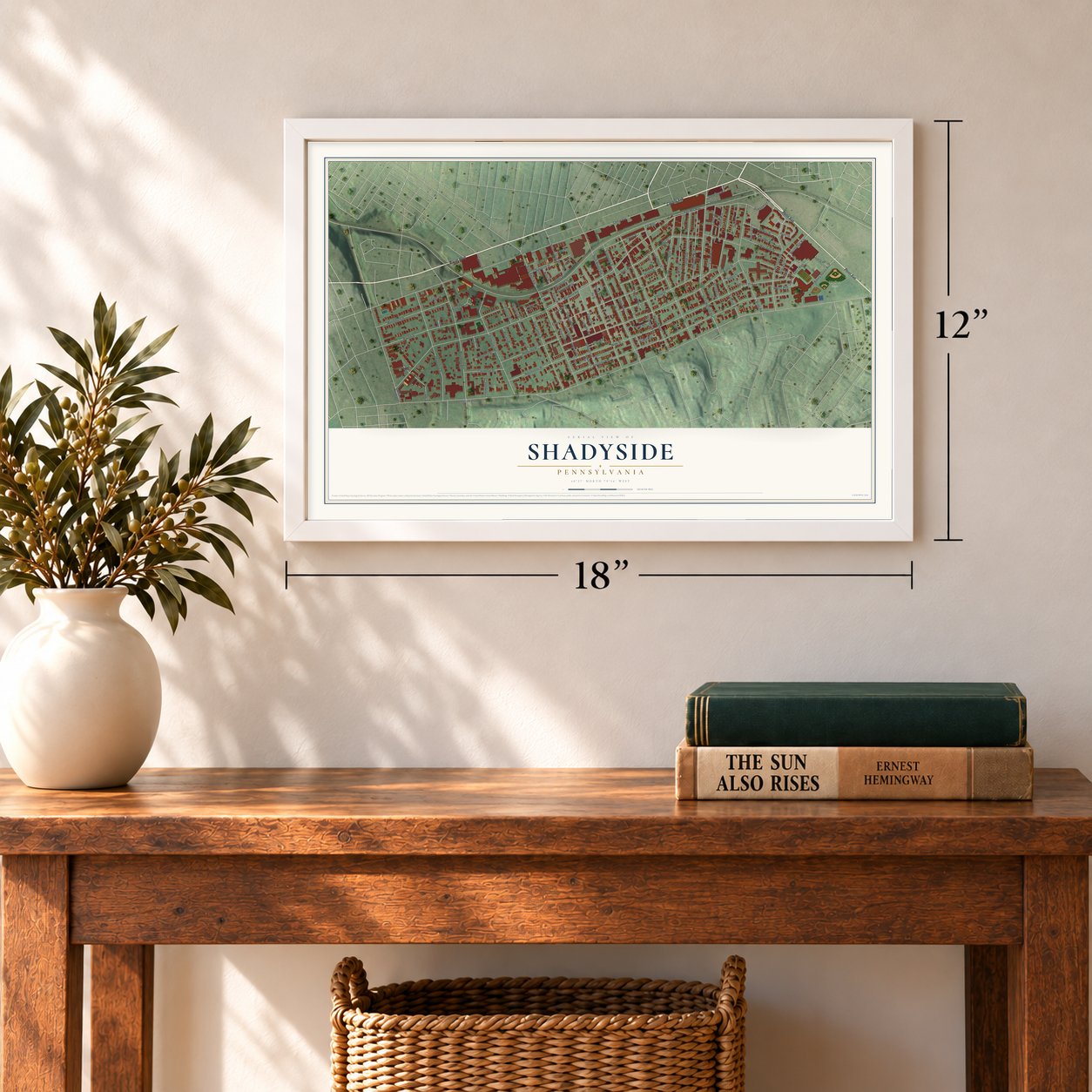 Shadyside, Pennsylvania map, 12 x 18 inch print in a white frame in an entryway