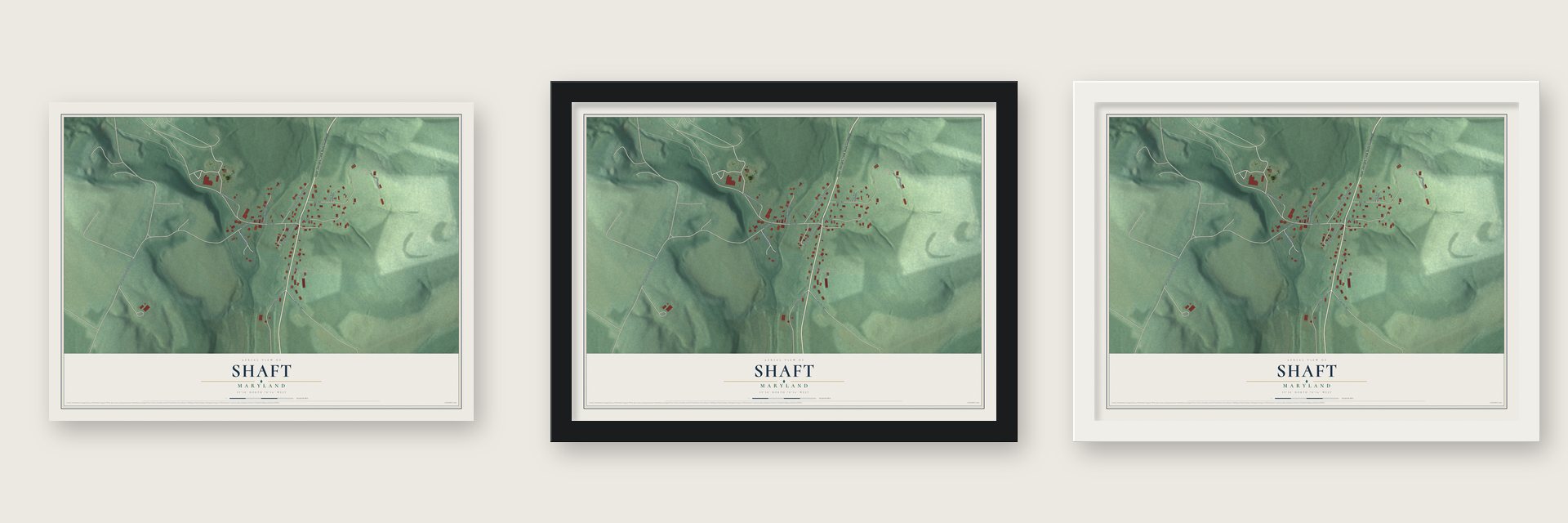 Shaft, Maryland map unframed, in a black wood frame and in a white wood frame