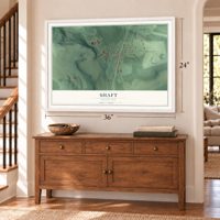 Shaft, Maryland map, 24 x 36 inch print in a white frame above a dresser by a staircase