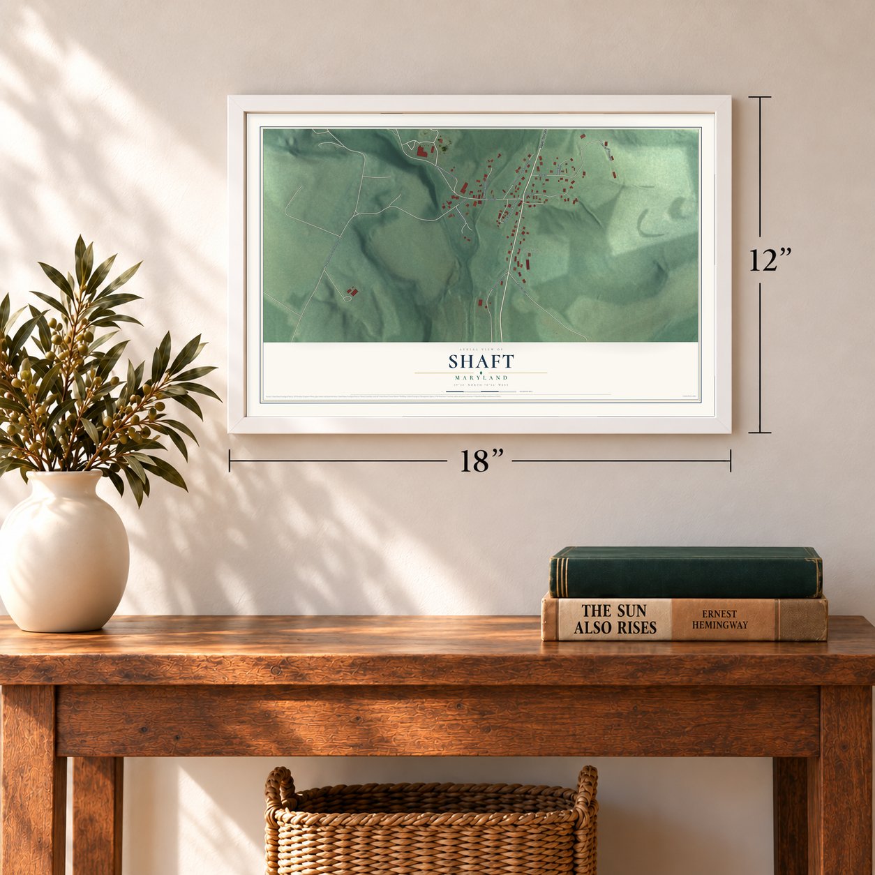 Shaft, Maryland map, 12 x 18 inch print in a white frame in an entryway
