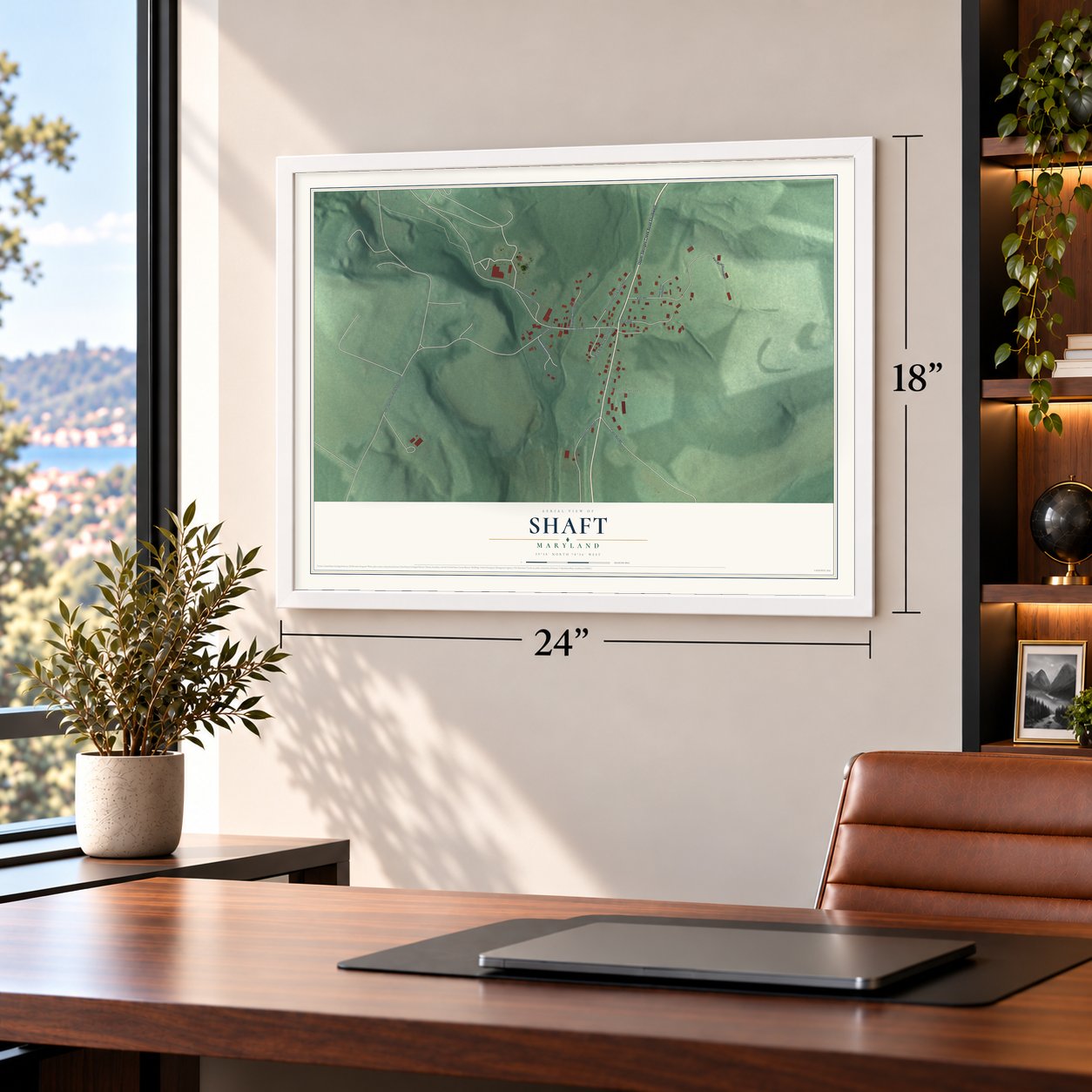 Shaft, Maryland map, 18 x 24 inch print in a white frame in a home office