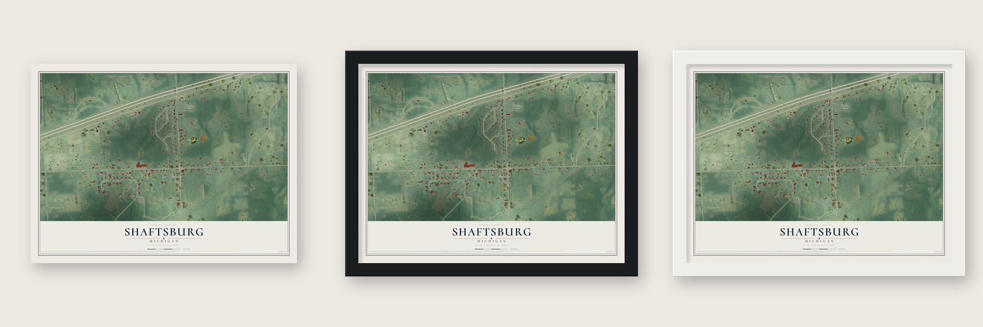 Shaftsburg, Michigan map unframed, in a black wood frame and in a white wood frame