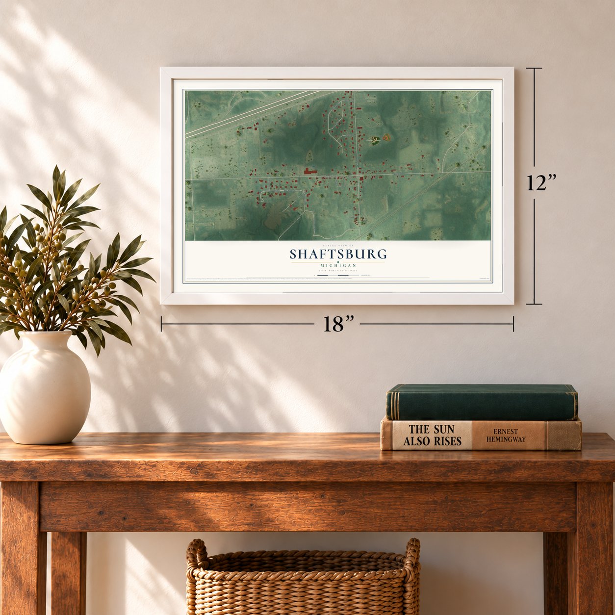 Shaftsburg, Michigan map, 12 x 18 inch print in a white frame in an entryway