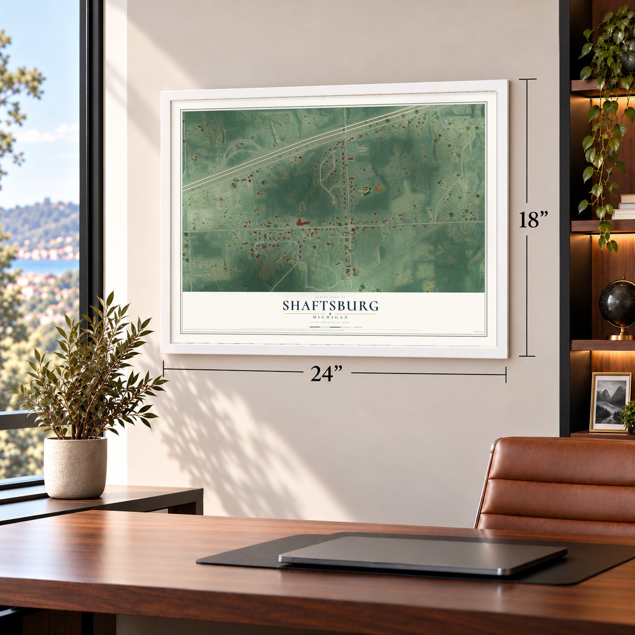 Shaftsburg, Michigan map, 18 x 24 inch print in a white frame in a home office