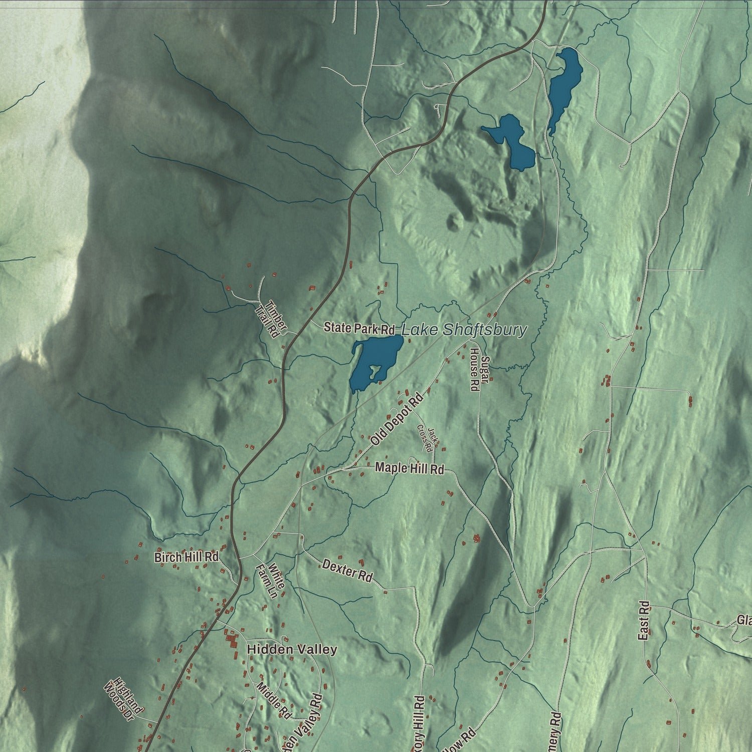 Close-up of the map of Shaftsbury, Vermont print showing terrain and local geography