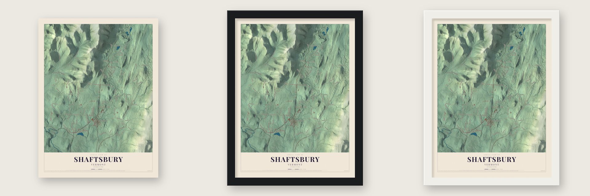 Shaftsbury, Vermont map unframed, in a black wood frame and in a white wood frame
