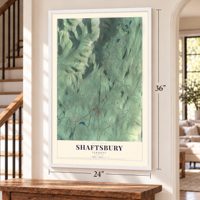 Shaftsbury, Vermont map, 24 x 36 inch print in a white frame by a staircase