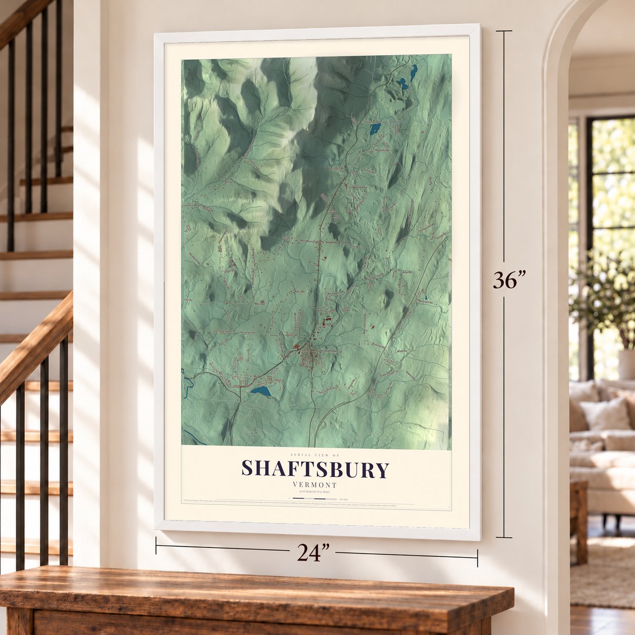 Shaftsbury, Vermont map, 24 x 36 inch print in a white frame by a staircase