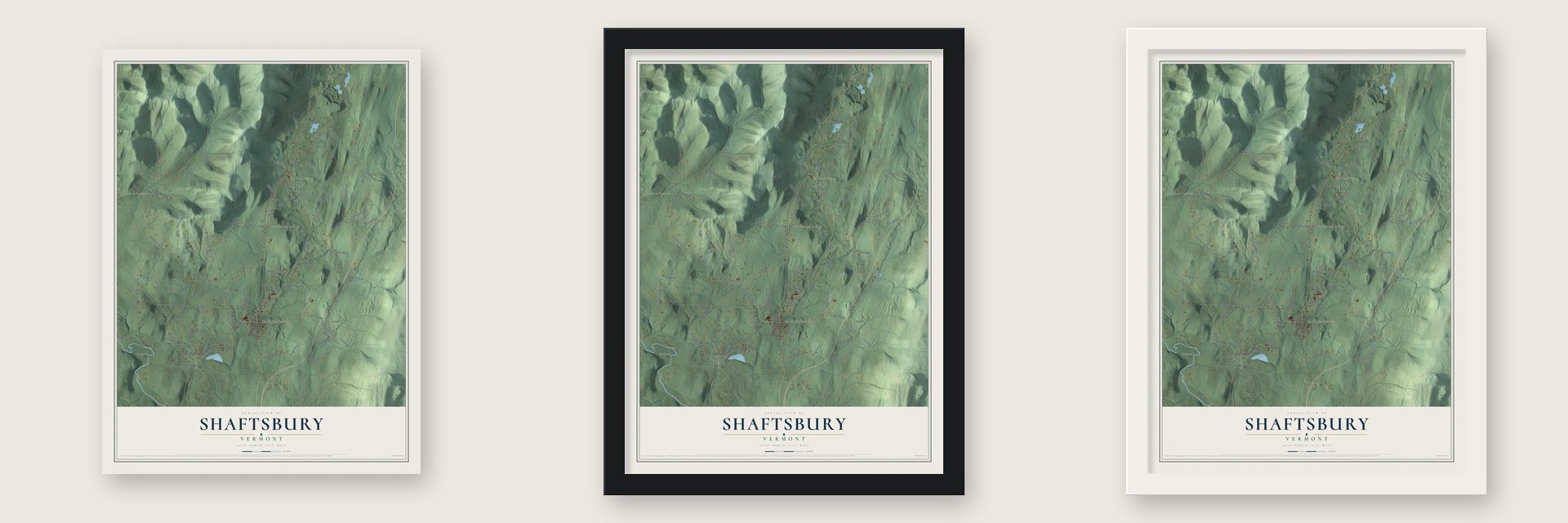Shaftsbury, Vermont map unframed, in a black wood frame and in a white wood frame