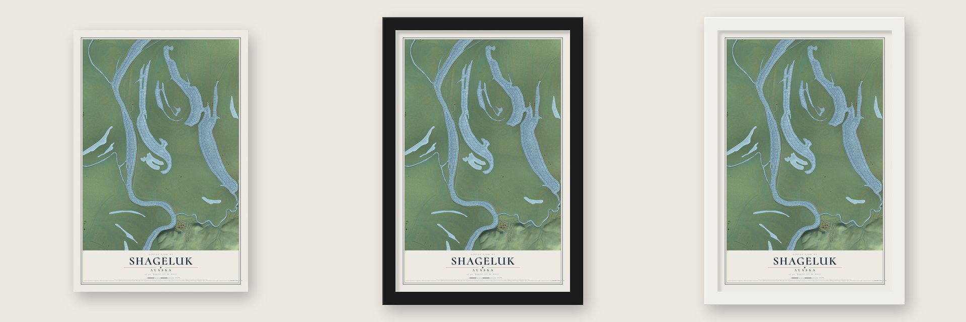 Shageluk, Alaska map unframed, in a black wood frame and in a white wood frame