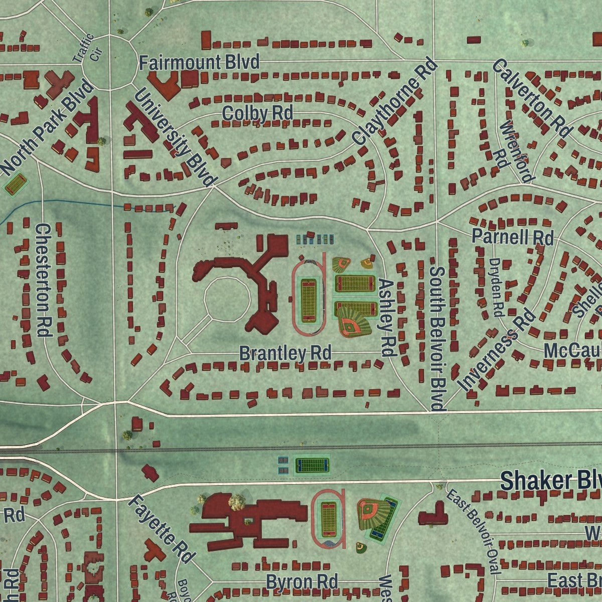 Second close-up of the map of Shaker Heights, Ohio print showing more streets and buildings