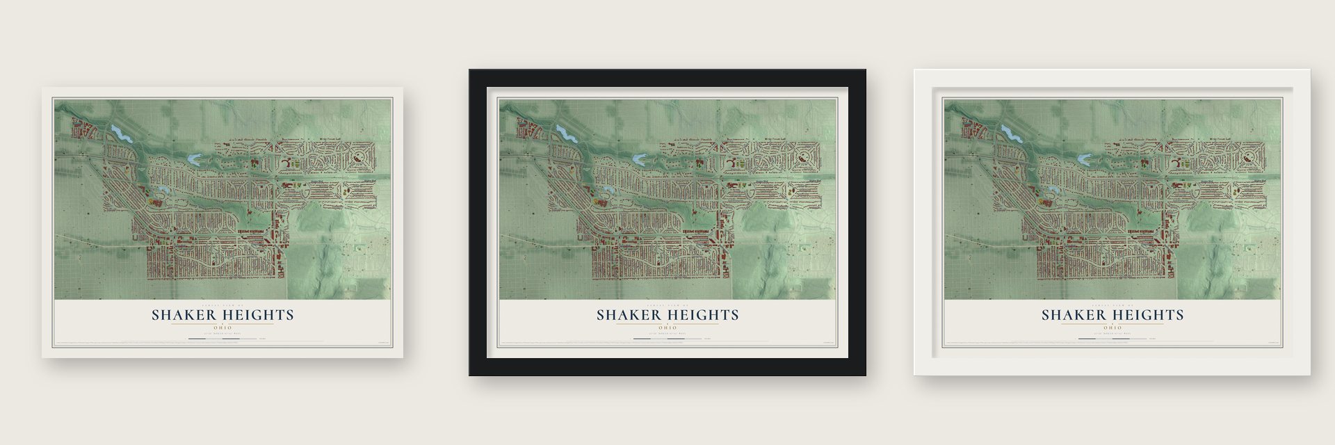 Shaker Heights, Ohio map unframed, in a black wood frame and in a white wood frame
