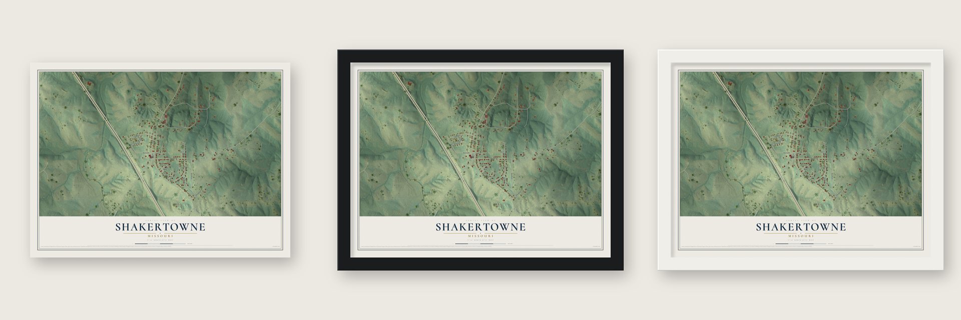 Shakertowne, Missouri map unframed, in a black wood frame and in a white wood frame