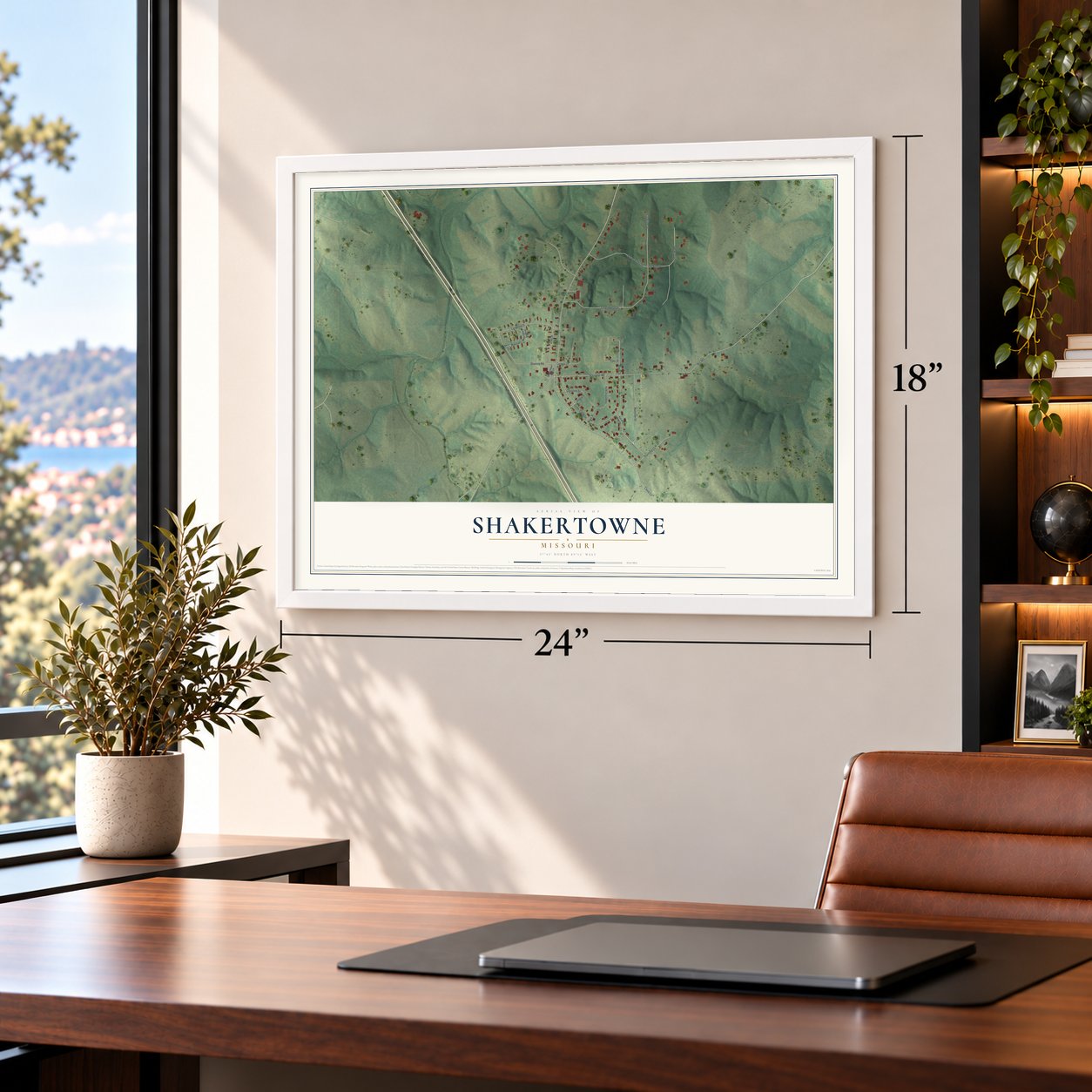 Shakertowne, Missouri map, 18 x 24 inch print in a white frame in a home office