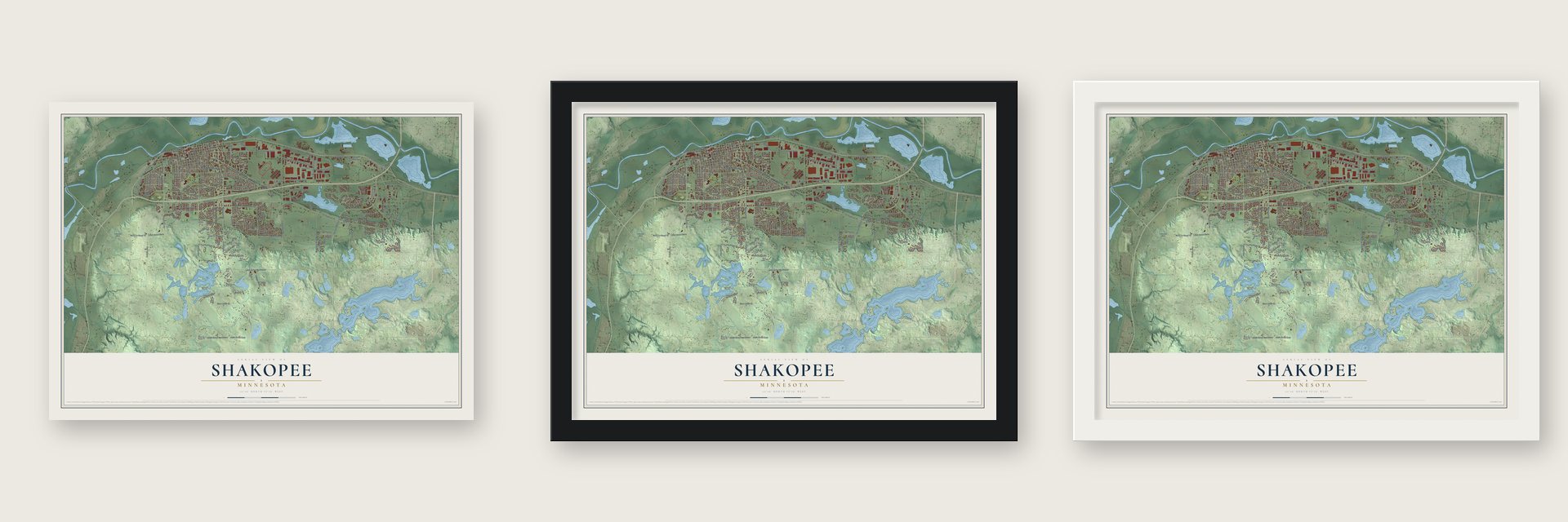 Shakopee, Minnesota map unframed, in a black wood frame and in a white wood frame