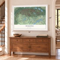 Shakopee, Minnesota map, 24 x 36 inch print in a white frame above a dresser by a staircase