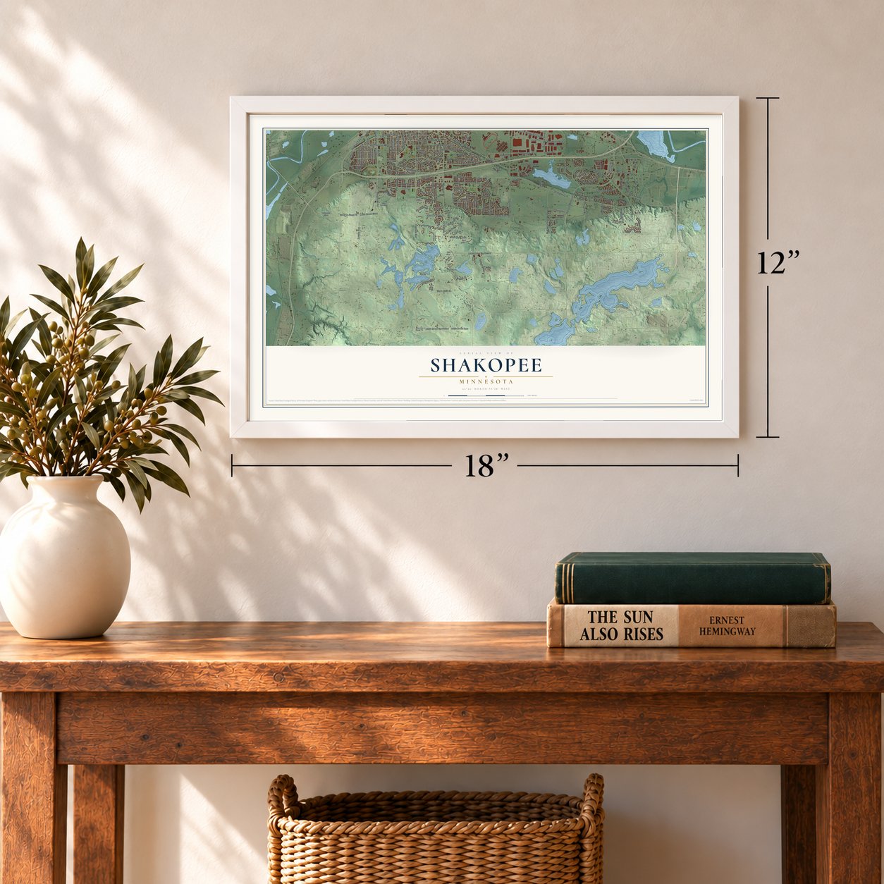 Shakopee, Minnesota map, 12 x 18 inch print in a white frame in an entryway