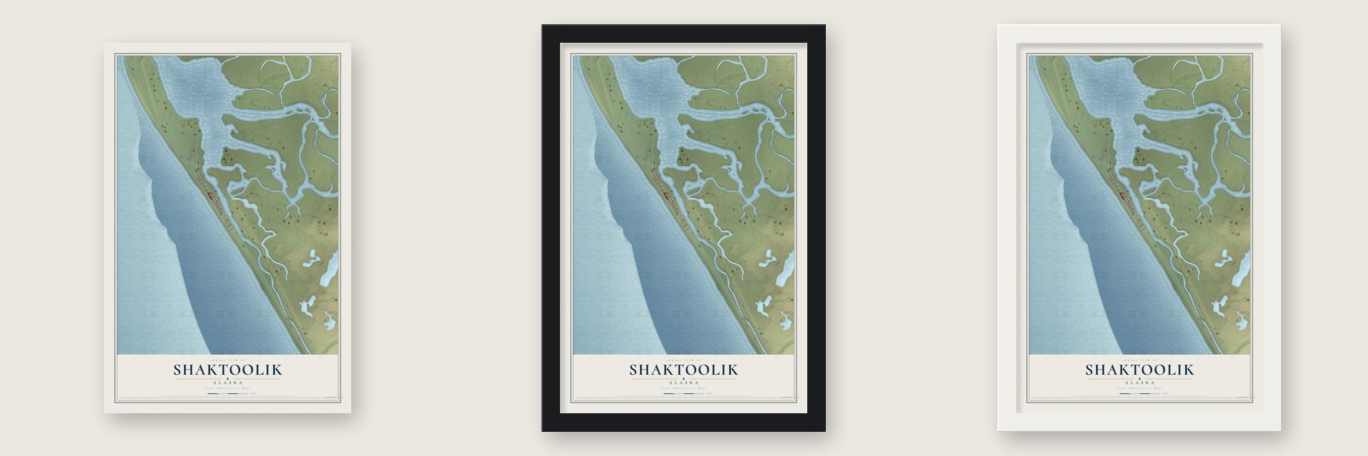 Shaktoolik, Alaska map unframed, in a black wood frame and in a white wood frame