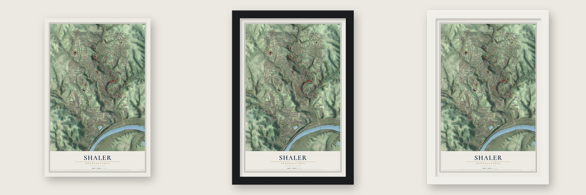 Shaler, Pennsylvania map unframed, in a black wood frame and in a white wood frame