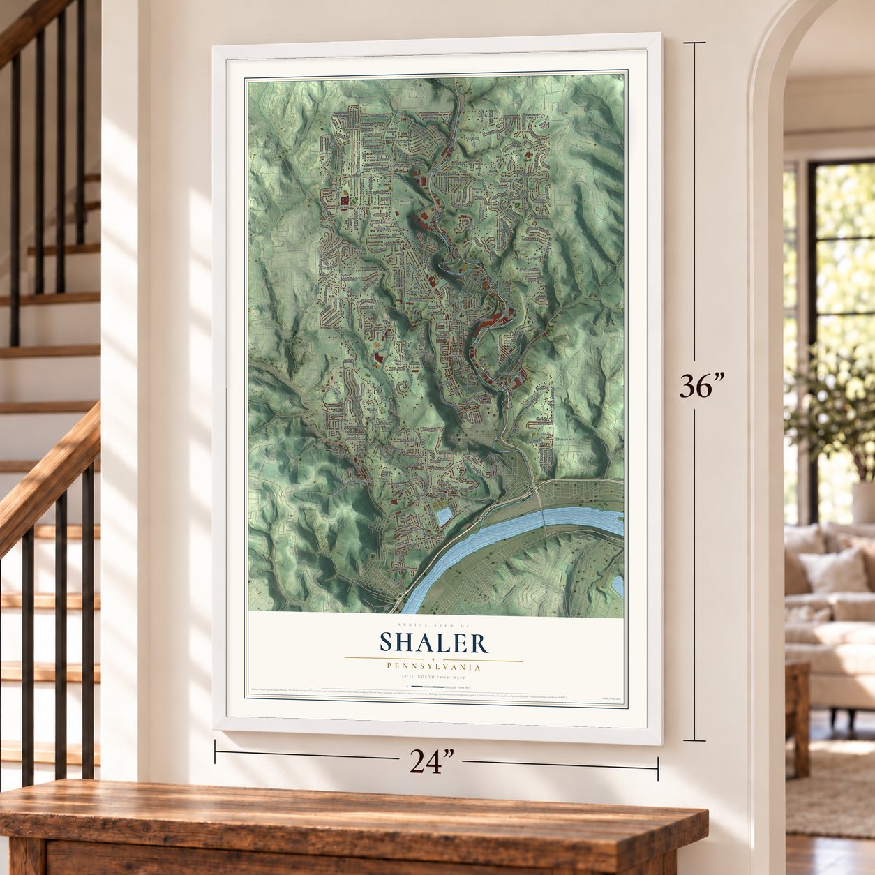 Shaler, Pennsylvania map, 24 x 36 inch print in a white frame by a staircase