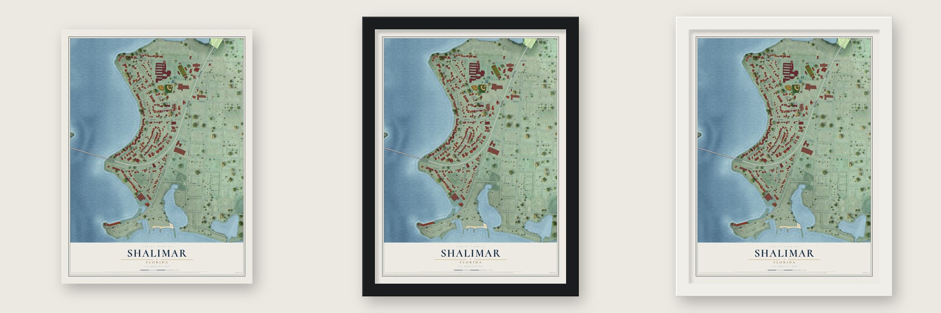 Shalimar, Florida map unframed, in a black wood frame and in a white wood frame