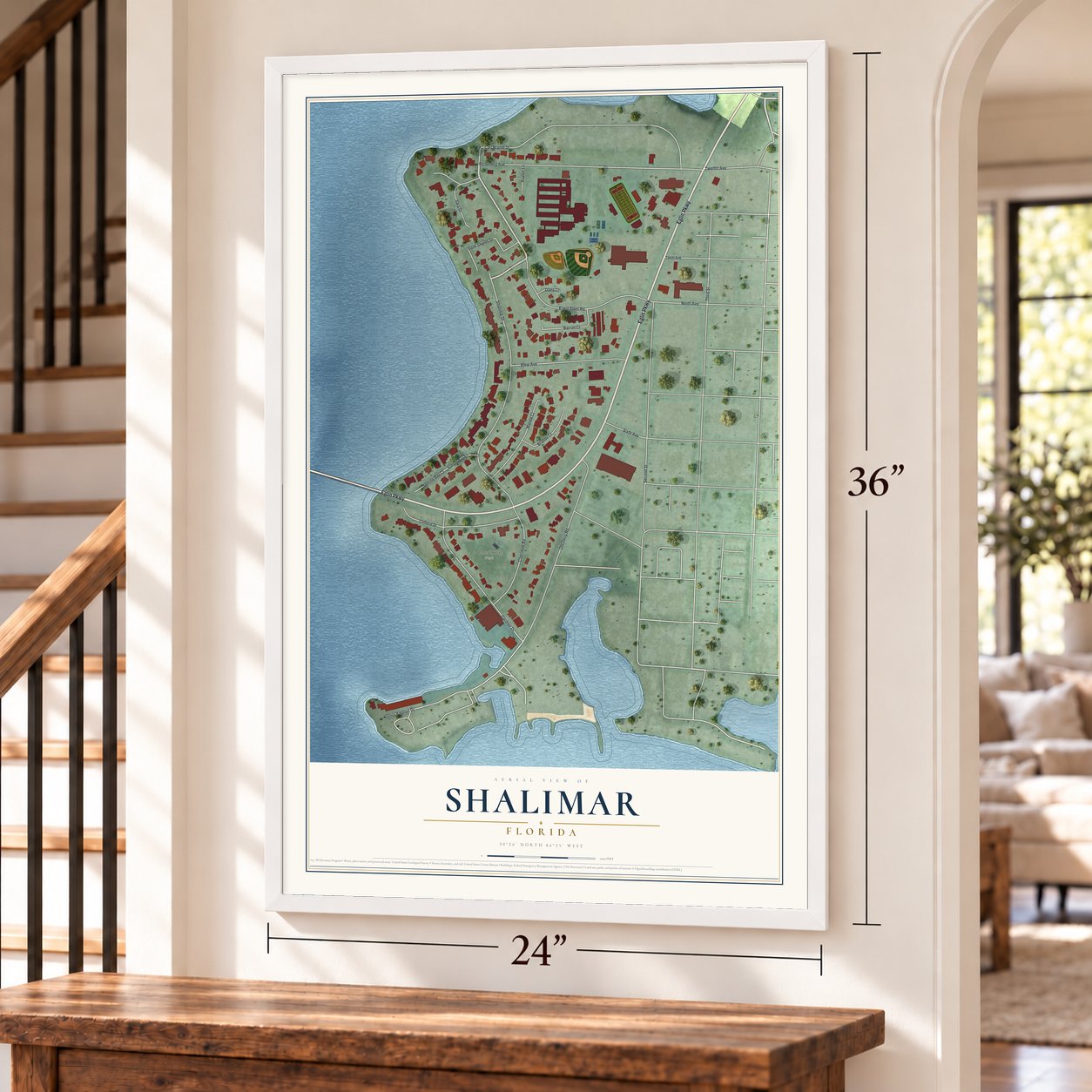Shalimar, Florida map, 24 x 36 inch print in a white frame by a staircase