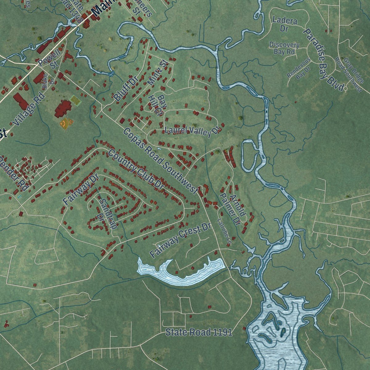 Second close-up of the map of Shallotte, North Carolina print showing more streets and buildings