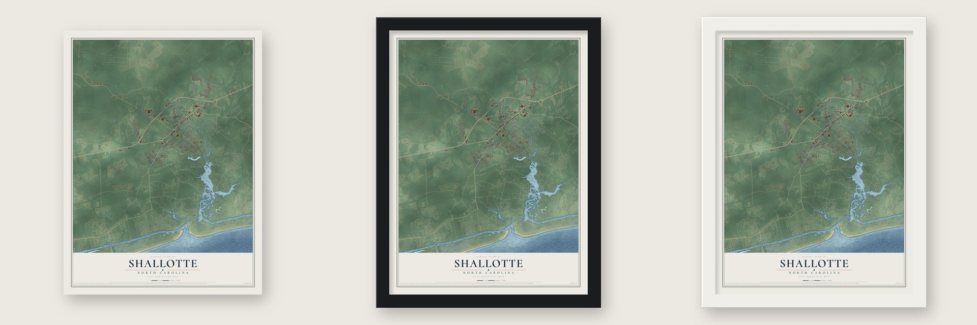 Shallotte, North Carolina map unframed, in a black wood frame and in a white wood frame