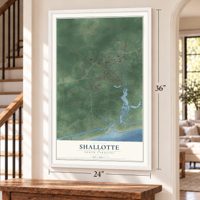 Shallotte, North Carolina map, 24 x 36 inch print in a white frame by a staircase