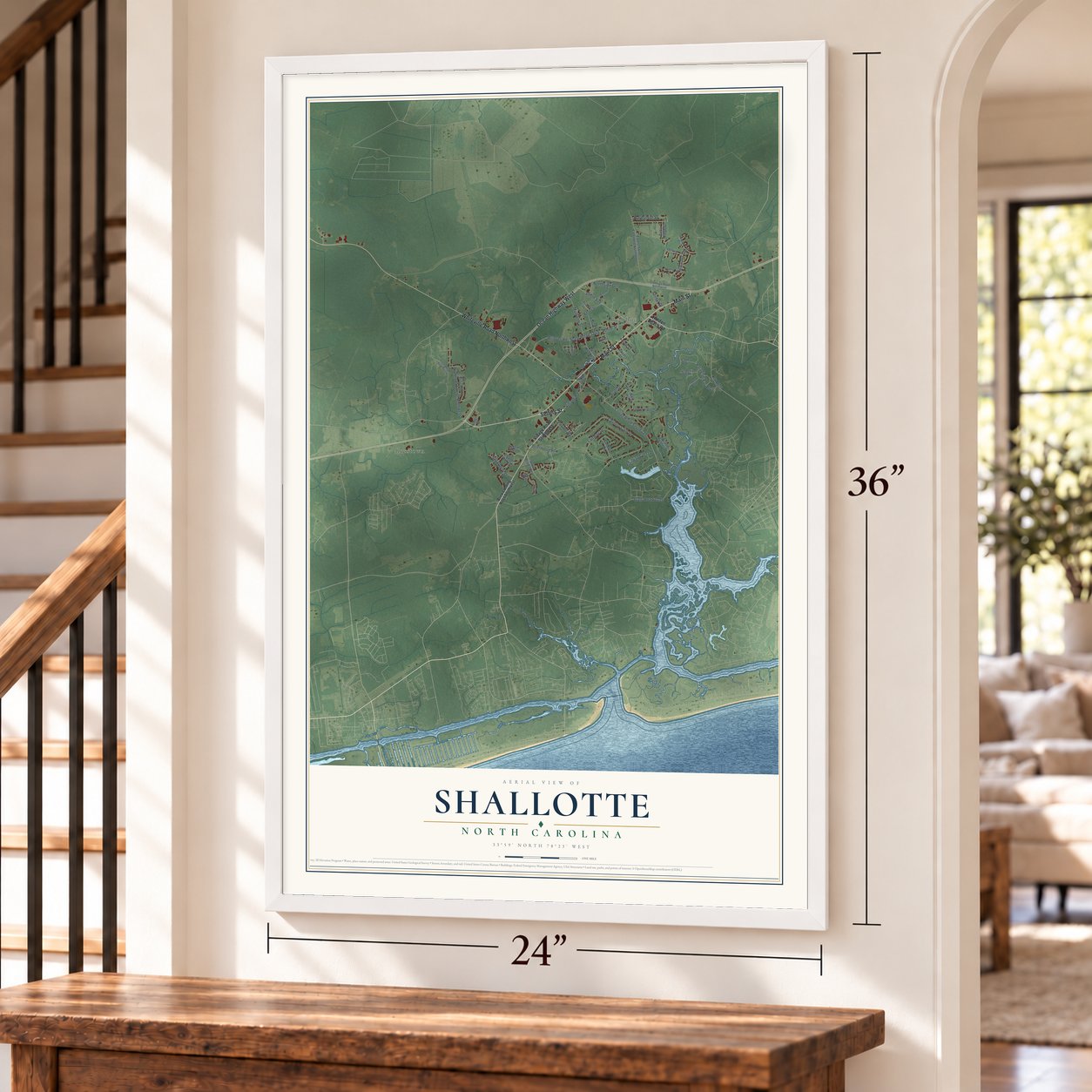 Shallotte, North Carolina map, 24 x 36 inch print in a white frame by a staircase