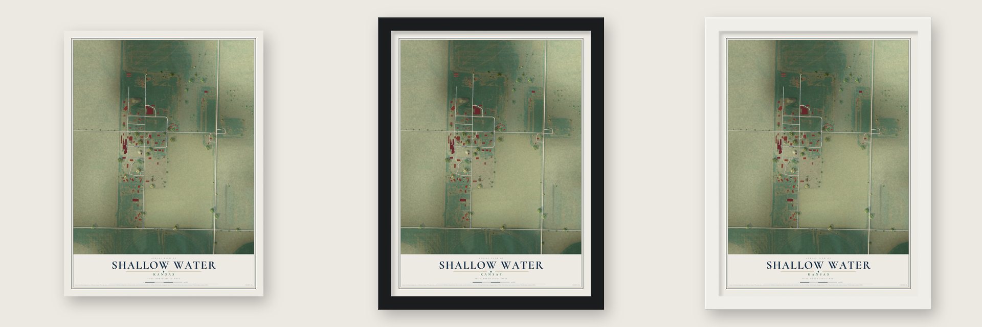 Shallow Water, Kansas map unframed, in a black wood frame and in a white wood frame