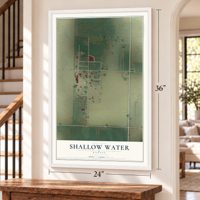 Shallow Water, Kansas map, 24 x 36 inch print in a white frame by a staircase