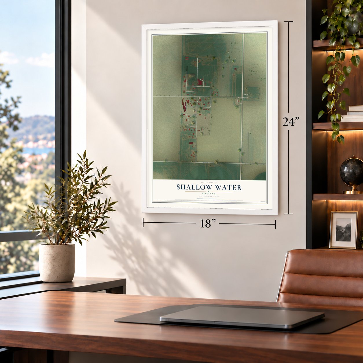 Shallow Water, Kansas map, 18 x 24 inch print in a white frame in a home office