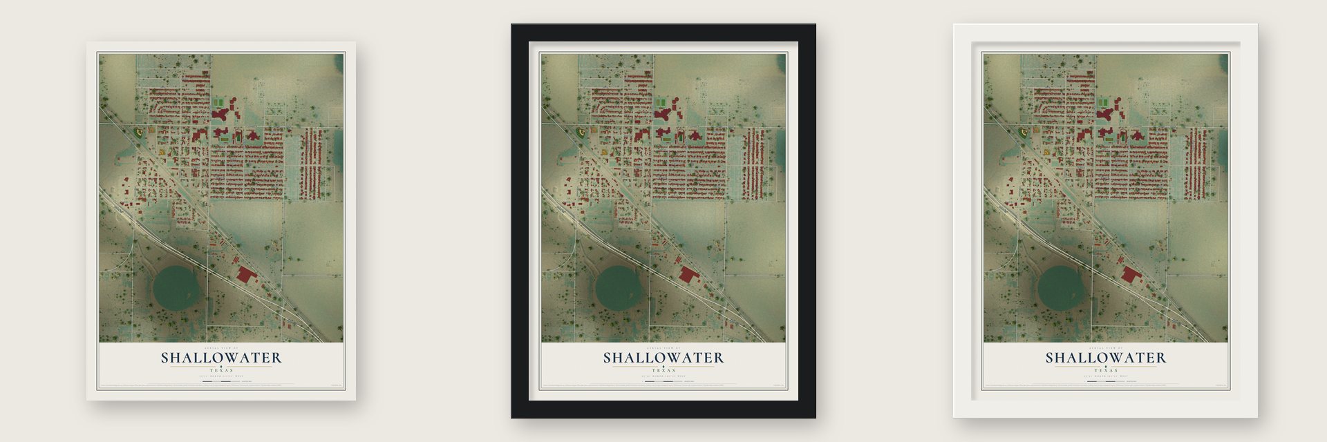 Shallowater, Texas map unframed, in a black wood frame and in a white wood frame