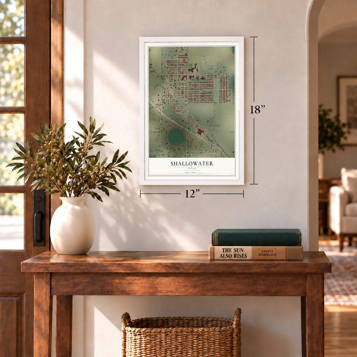 Shallowater, Texas map, 12 x 18 inch print in a white frame in an entryway