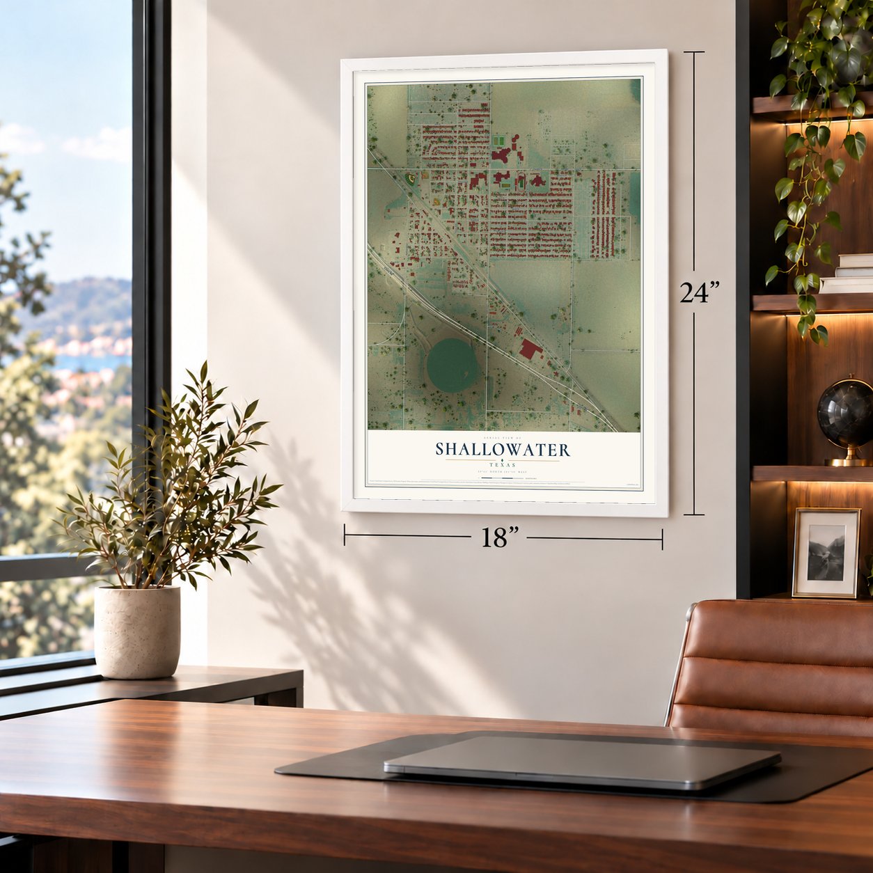 Shallowater, Texas map, 18 x 24 inch print in a white frame in a home office