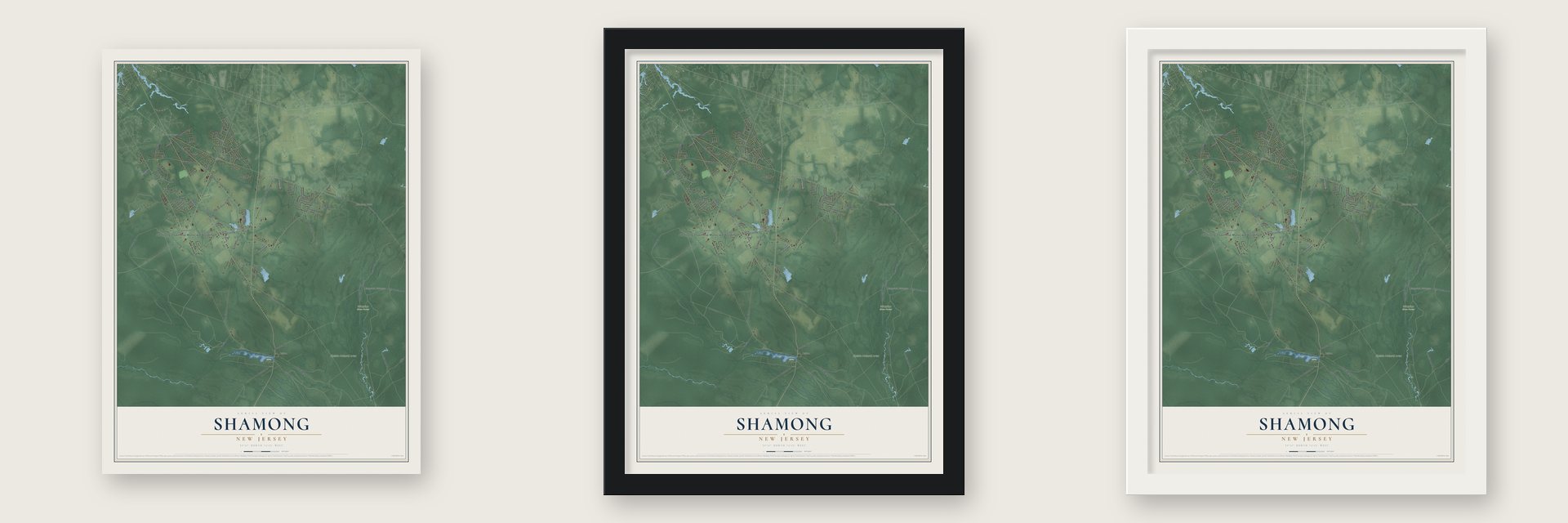 Shamong, New Jersey map unframed, in a black wood frame and in a white wood frame