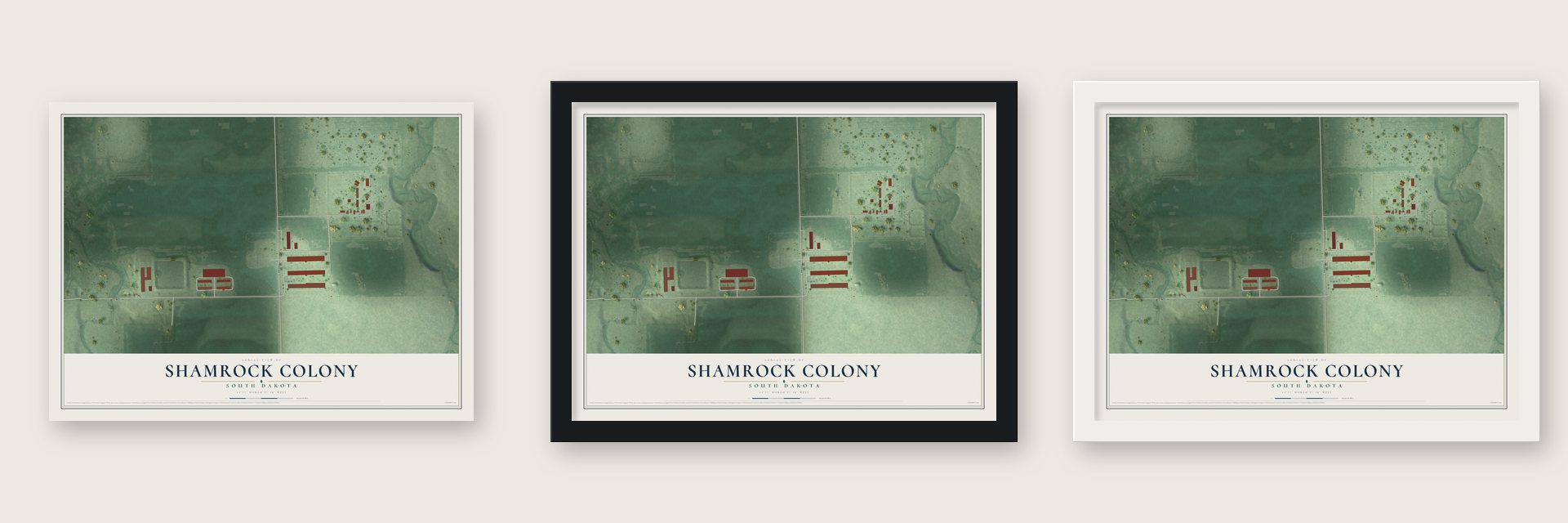 Shamrock Colony, South Dakota map unframed, in a black wood frame and in a white wood frame