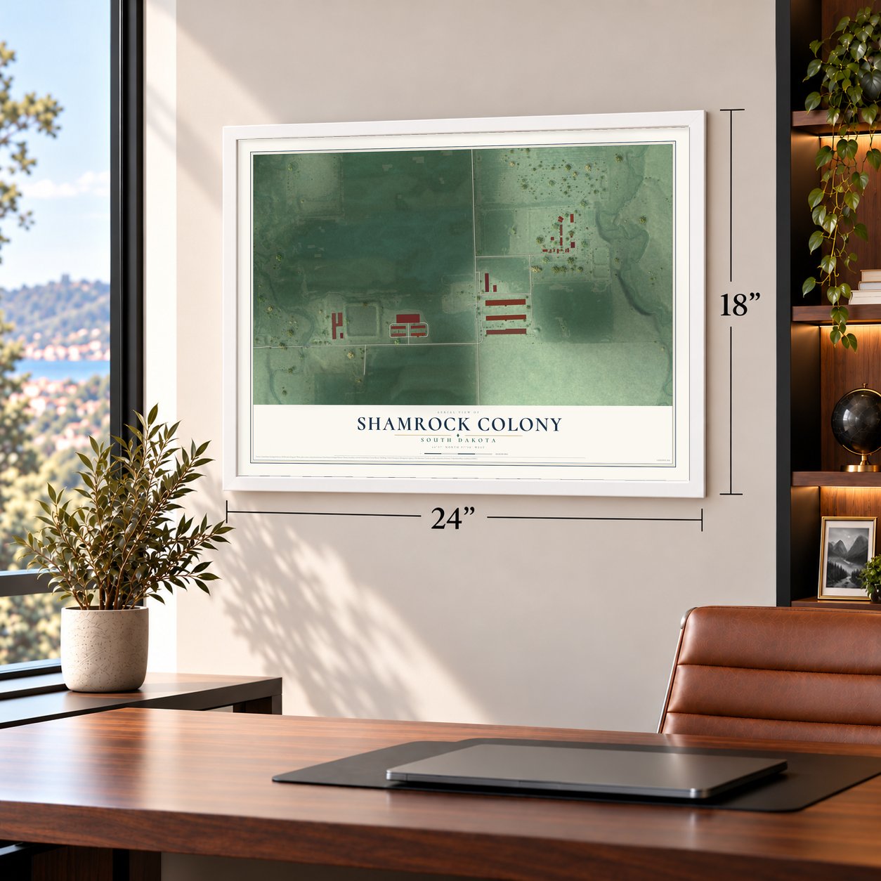 Shamrock Colony, South Dakota map, 18 x 24 inch print in a white frame in a home office