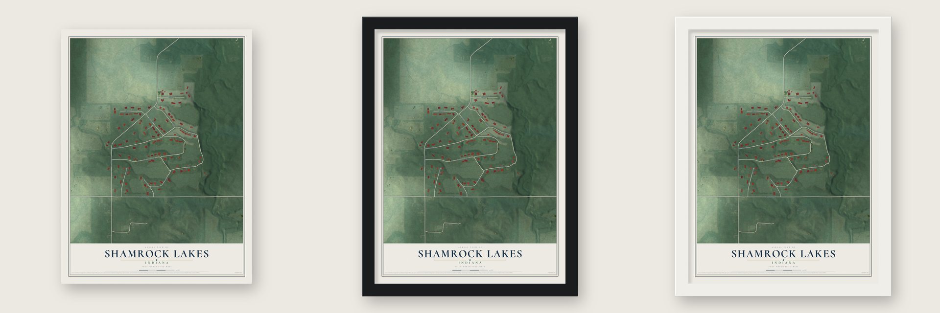 Shamrock Lakes, Indiana map unframed, in a black wood frame and in a white wood frame