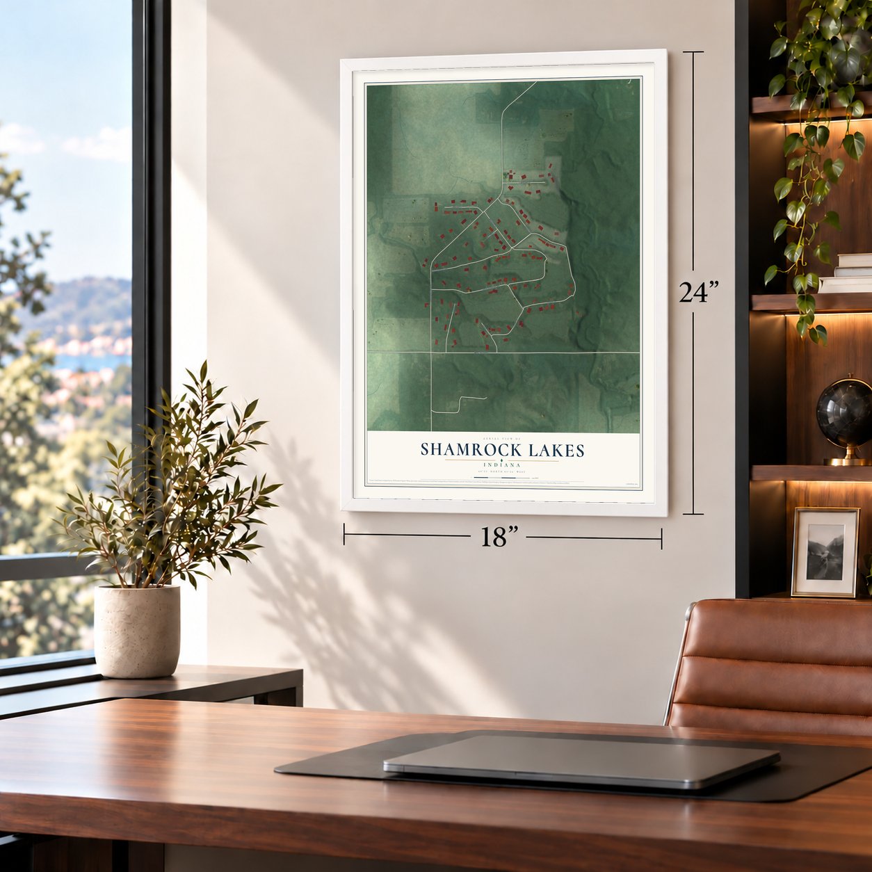 Shamrock Lakes, Indiana map, 18 x 24 inch print in a white frame in a home office