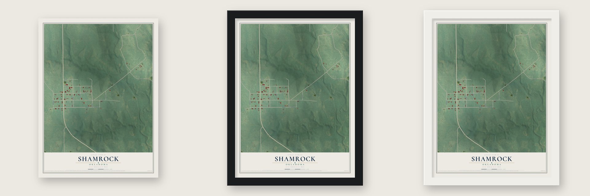 Shamrock, Oklahoma map unframed, in a black wood frame and in a white wood frame