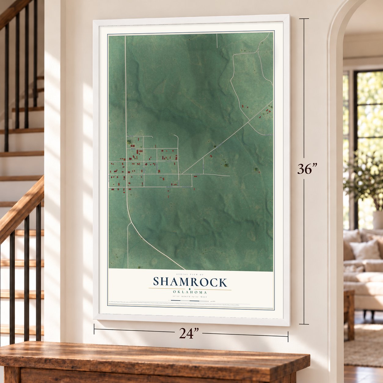 Shamrock, Oklahoma map, 24 x 36 inch print in a white frame by a staircase