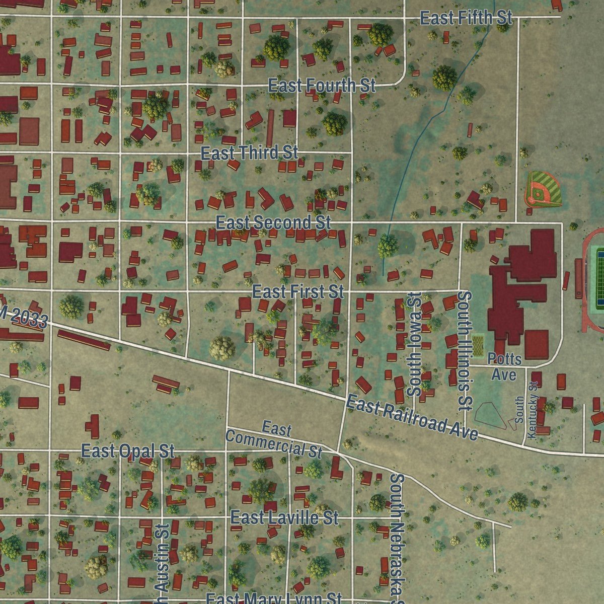 Second close-up of the map of Shamrock, Texas print showing more streets and buildings