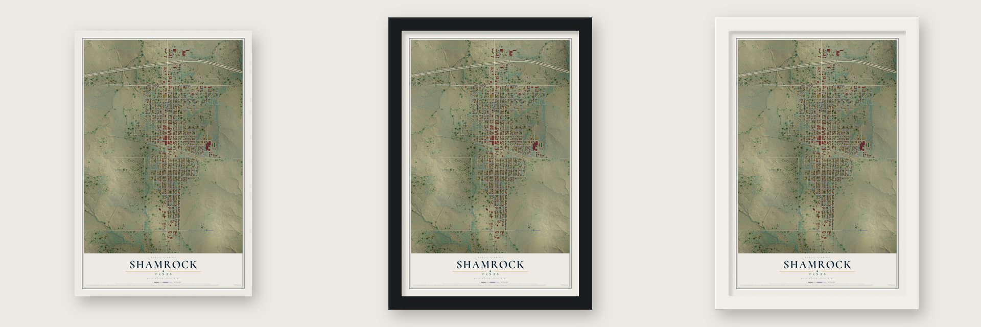 Shamrock, Texas map unframed, in a black wood frame and in a white wood frame