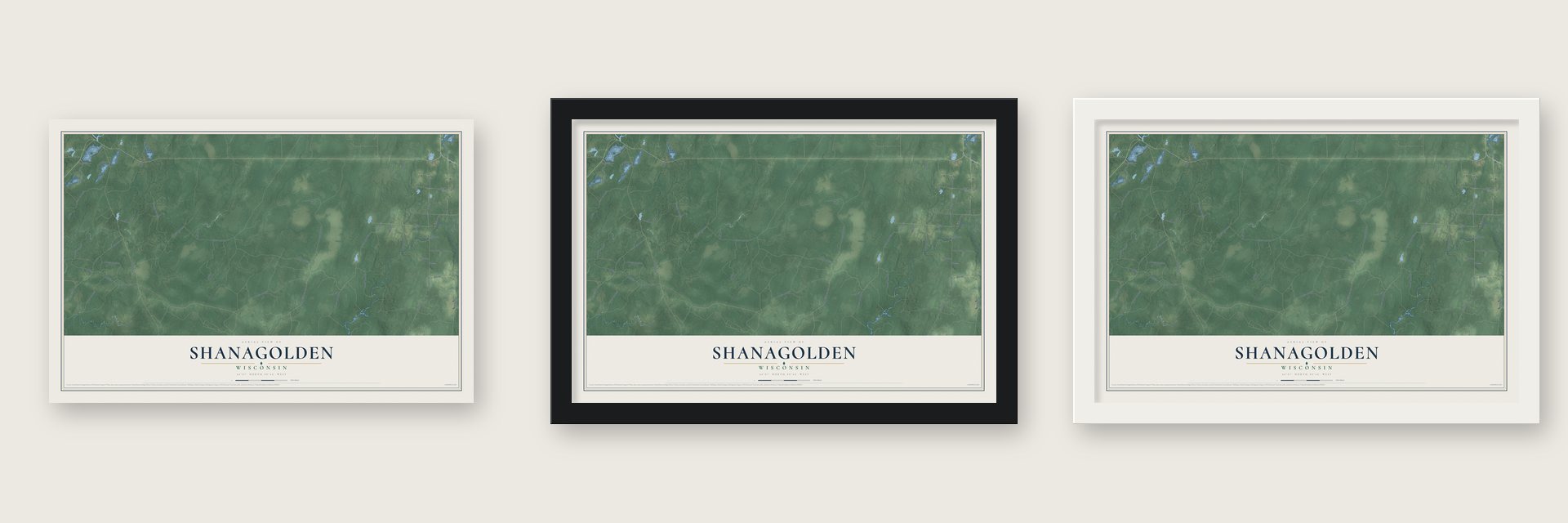 Shanagolden, Wisconsin map unframed, in a black wood frame and in a white wood frame