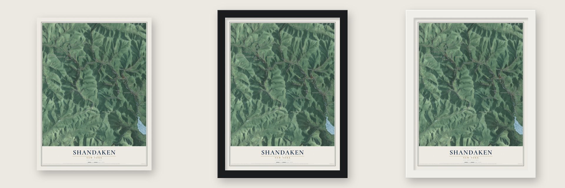 Shandaken, New York map unframed, in a black wood frame and in a white wood frame