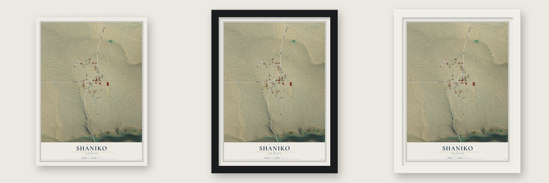 Shaniko, Oregon map unframed, in a black wood frame and in a white wood frame