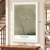 Shaniko, Oregon map, 24 x 36 inch print in a white frame by a staircase